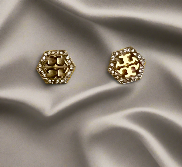 Tory Burch Hexagon Pave Frozen Logo Cuff Bracelet and Stud Earrings Gold Tone with Pavè Crystals