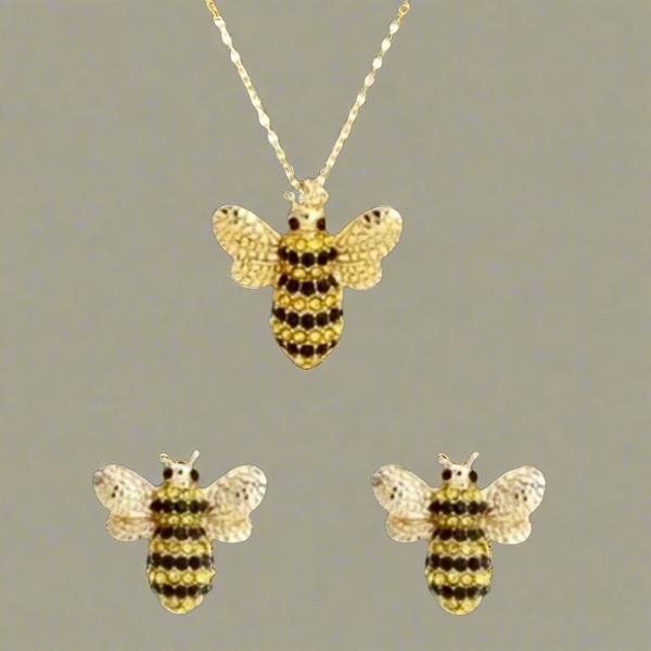 Kate Spade New York Gold Tone Crystal Picnic Perfect Bee Pendant Necklace & Earrings Set