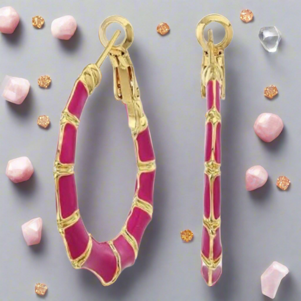 Shashi 18K Gold Plated Bamboo Textured Hoop Earrings Gold And Fuchsia