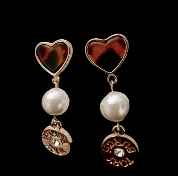 Tory Burch Logo Gold Plated Brass and Semi Precious Tortoise Heart Pearl Stone Drop Earrings