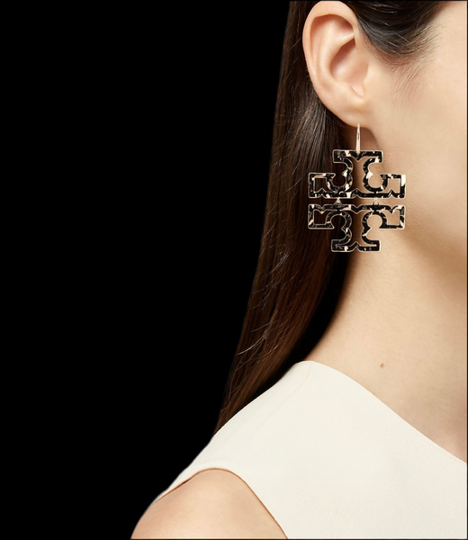 Tory Burch Britten Logo Hammered Drop Earrings In Shiny Gold