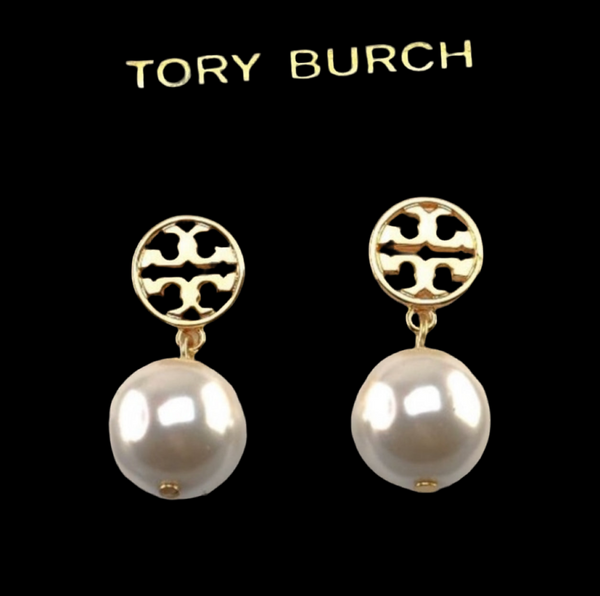 Tory Burch Logo Pearl Drop Earrings