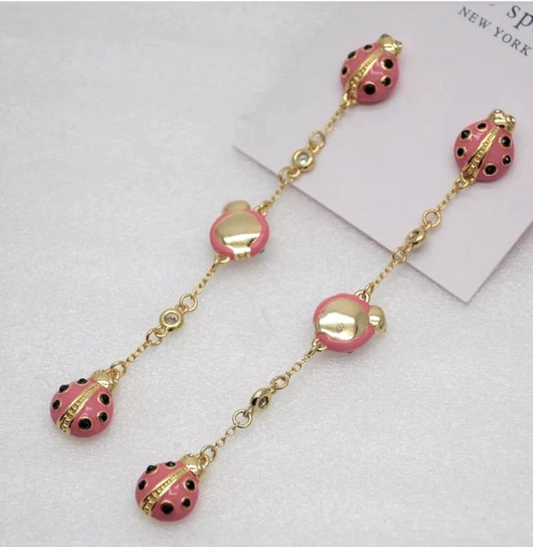 Kate Spade Long Gold Tone Pink Enamel Ladybugs Earrings Drop Dangle Hoop