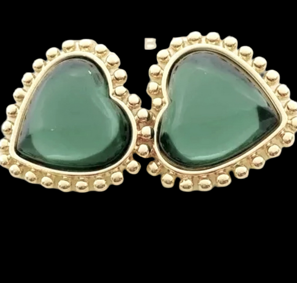 Tory Burch Gold And Green Heart with Mingrain Detailing Large Clip On Stud Earrings