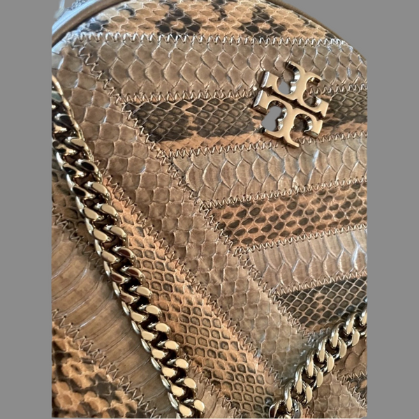 Tory Burch Kira Chevron Snakeskin Circle Bag in Neutral Shades of Caramel Corn