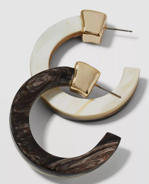 Akola Women's Black White Two-Tone Post Back Horn Hoop Earrings