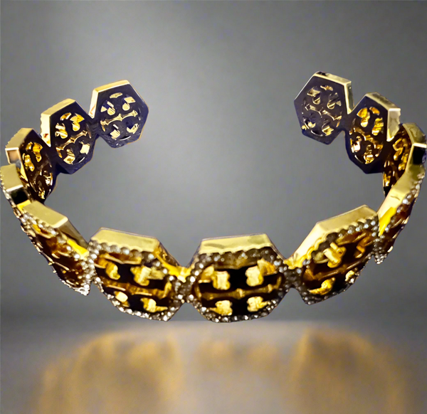 Tory Burch Hexagon Pave Frozen Logo Cuff Bracelet and Stud Earrings Gold Tone with Pavè Crystals