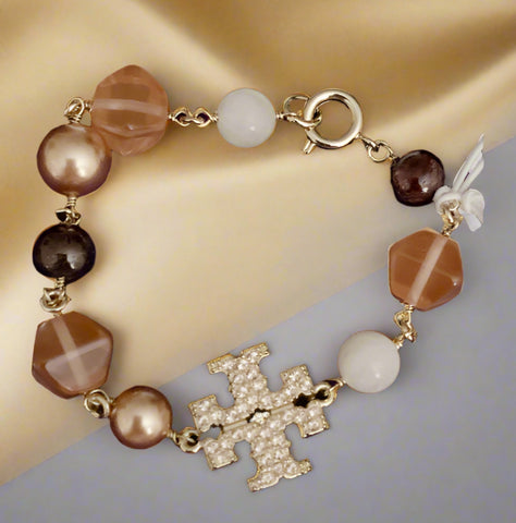 Tory Burch Rose Gold Crystal T Logo Resin Bracelet