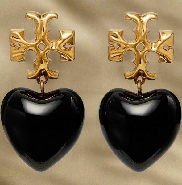 Tory Burch Roxanne Gold Tone And Resin Heart Drop Earrings In Black