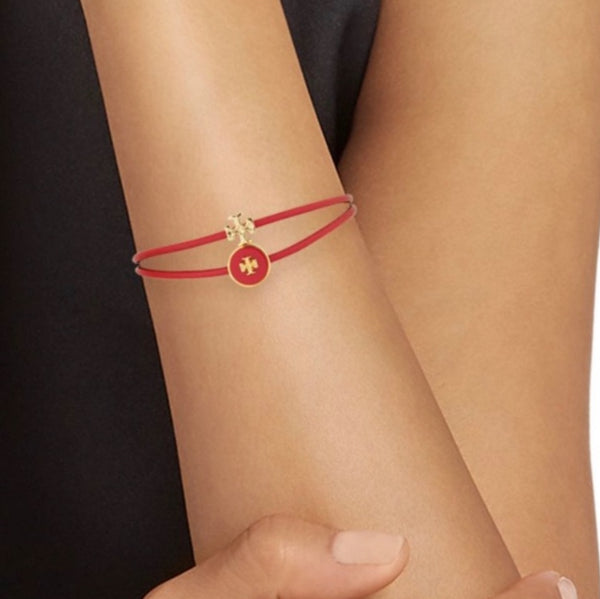 Tory Burch Kira 18K Gold Plated Leather & Enamel Logo Red Bracelet