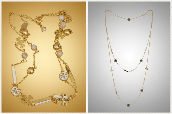 Auténtico collar largo Tory Burch con logotipo Tory y dijes esmaltados en oro y marfil
