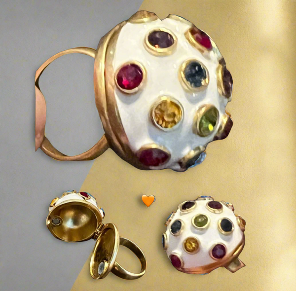 Tory Burch Locket Magnetic Ring White Enamel With Colorful Stones Size 7