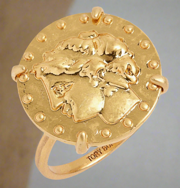 Tory Burch Brass Coin Ring in Rolled Brass Size 6