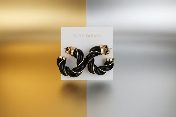 Tory Burch Black and Gold Textured Rope Hoop Earrings