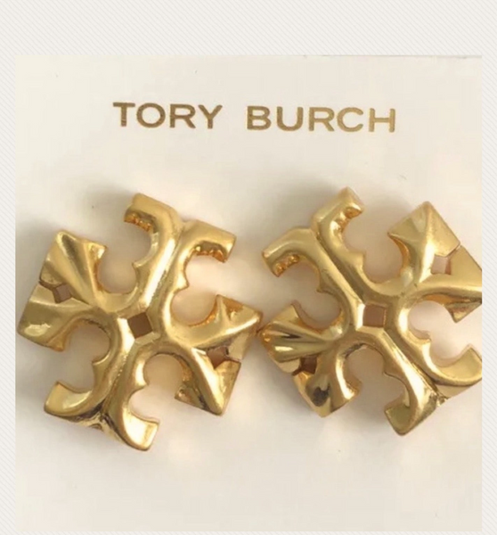 Tory Burch Double T Logo Roxanne Golden Large Clip On Stud Earrings