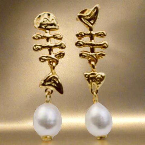 Tory Burch Golden Fish Bone with Mermaid Tails & Freshwater Pearl Earrings