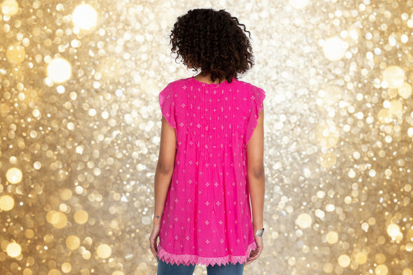 Johnny Was Anthena Embroidery Bright Pink Tunic Tope Size Large