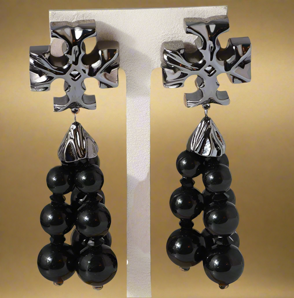 Tory Burch Roxanne Black Bold And Sculptural Roxanne Tassel Beaded Drop Earrings