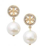 Tory Burch Crystal Logo Pearl Drop Earrings