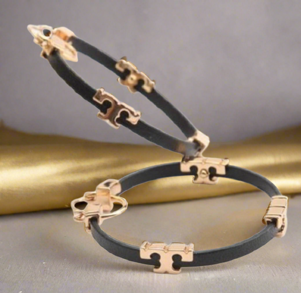 Tory Burch Gold Black Serif T & Leather Hoop Earrings