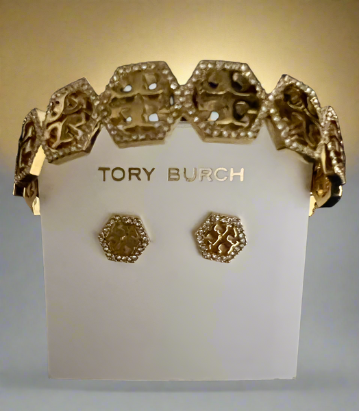 Tory Burch Hexagon Pave Frozen Logo Cuff Bracelet and Stud Earrings Gold Tone with Pavè Crystals