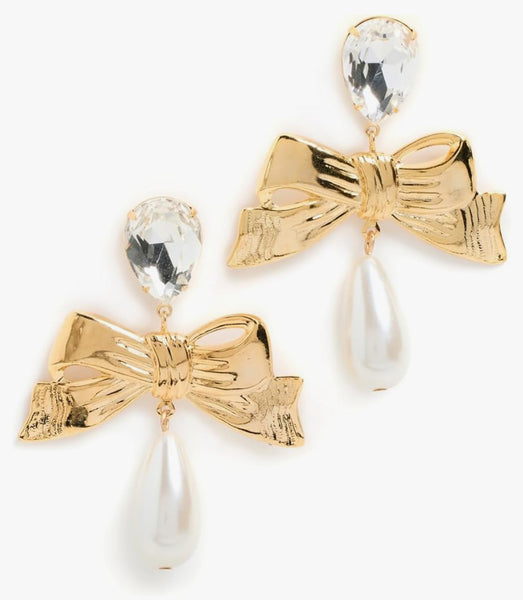 LELET NY Stella Pearl Clip Gold, Crystal And Teardrop Pearl Drop Earrings