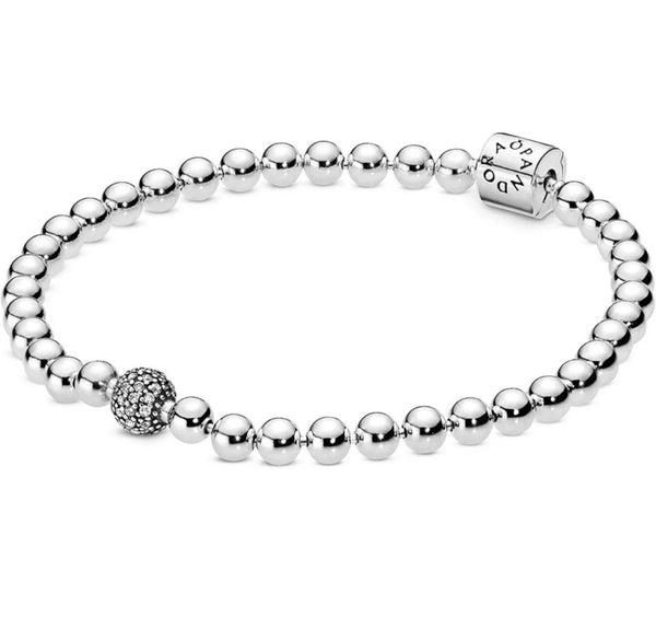 Pandora Sterling Silver Beads & Pave Bracelet With CZ Size 7.1”