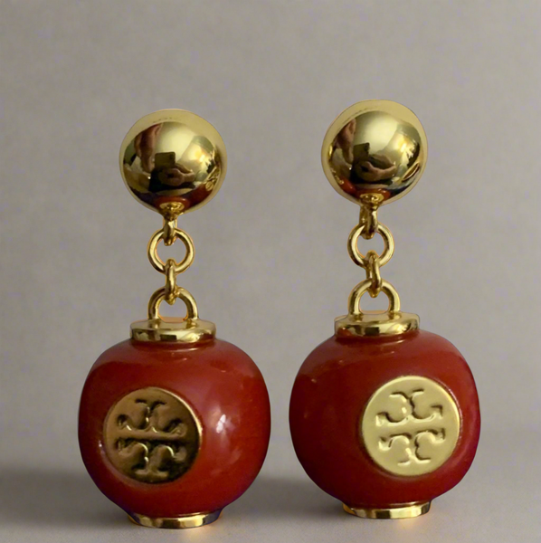 Tory Burch Gold And Red Enamel Logo Drop Earrings