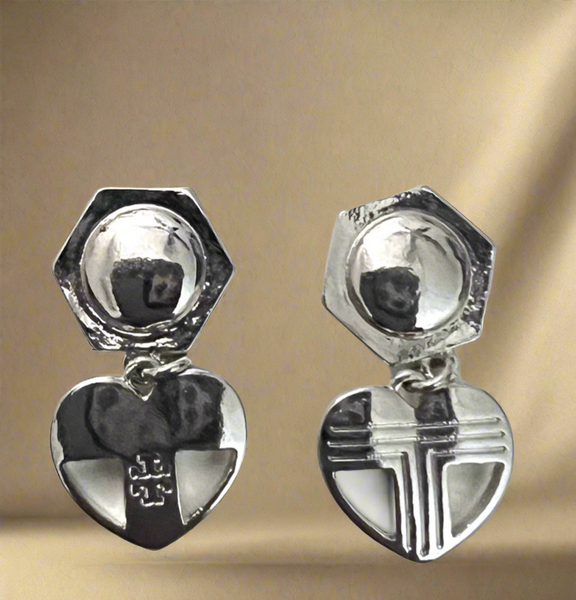 Tory Burch Silver Hexagon And Heart Logo Drop Earrings