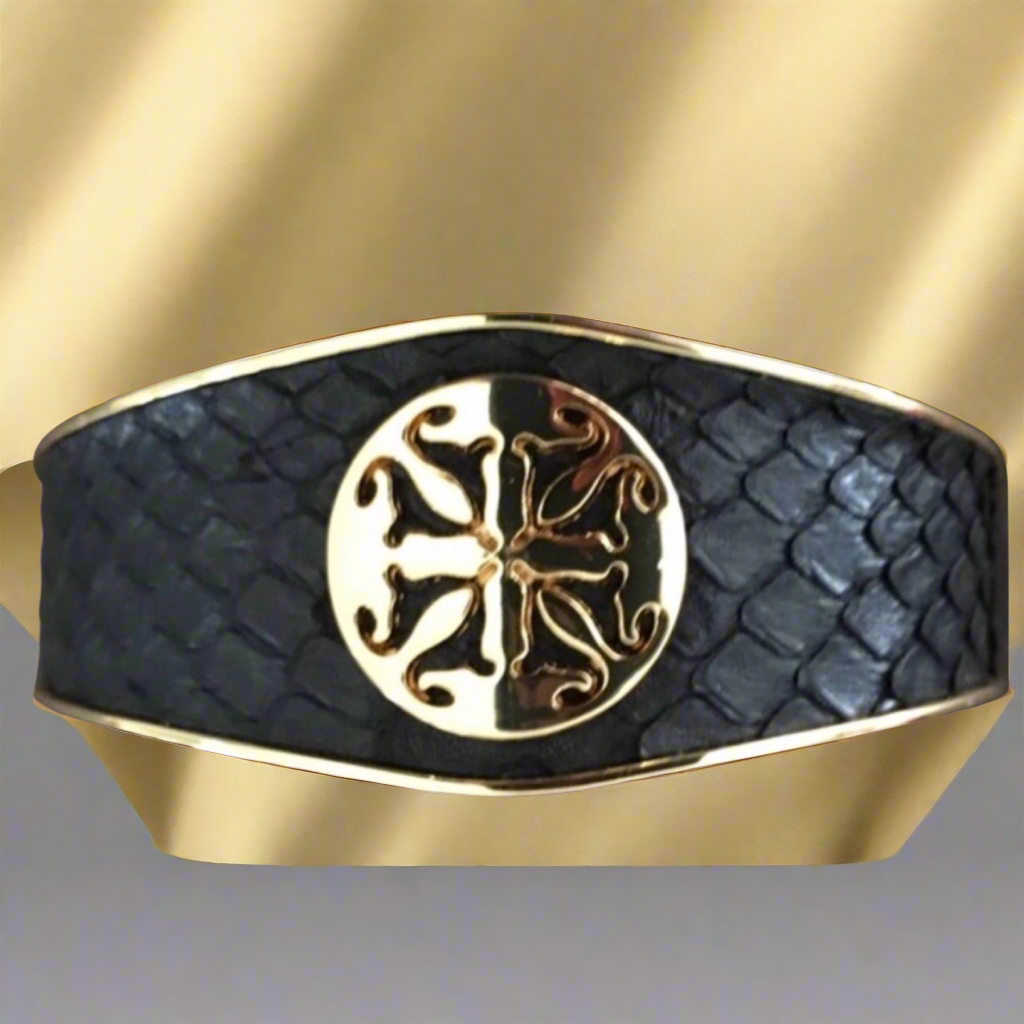 Rustic Cuff Bracelet with Black Faux Snake Pattern With Gold Emblem And Trim