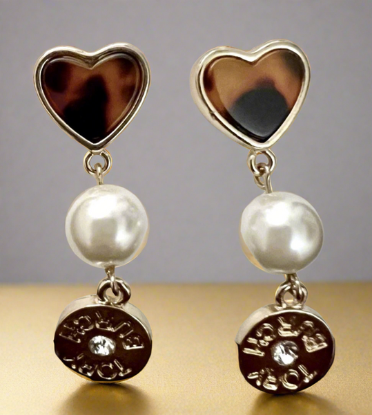 Tory Burch Logo Gold Plated Brass and Semi Precious Tortoise Heart Pearl Stone Drop Earrings