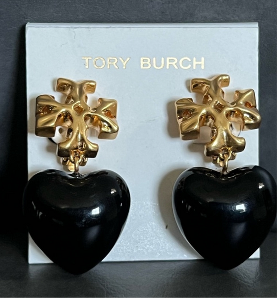 Tory Burch Roxanne Gold Tone And Resin Heart Drop Earrings In Black