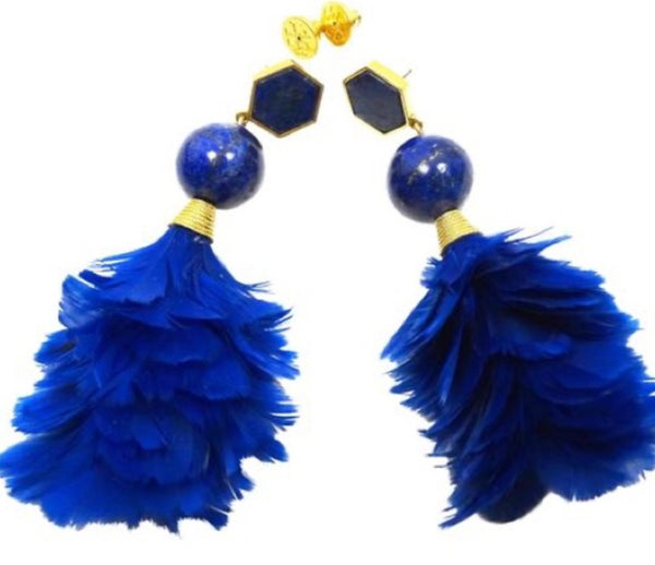 Tory Burch Gold Plated Lapis Lazul And Feather Statement Drop Earrings