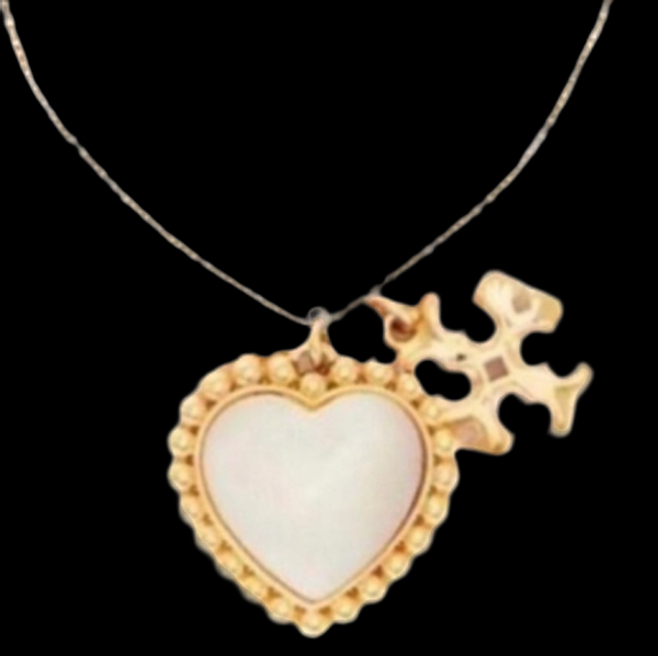 Tory Burch Roxanne Gold and Mother of Pearl Heart Logo Charm Pendant Necklace