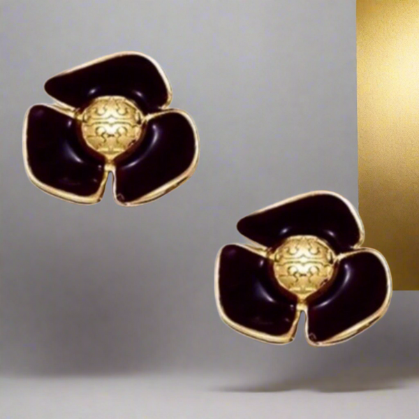 Tory Burch Black Gold Fleur Logo Stud Earrings