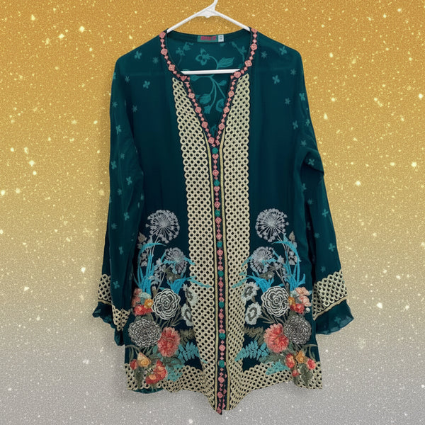 Johnny Was Butterflies Tunic Blouse in Lakeside Teal Size Small