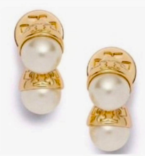 Tory Burch Double Pearl With Logo Stud Earrings