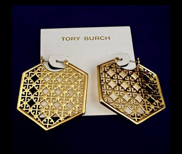 Tory Burch Shiny Gold Perforated Logo Hoop Earrings