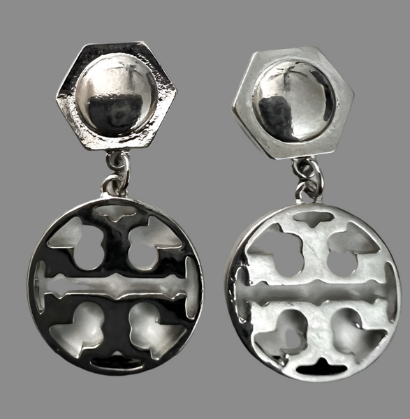 Tory Burch Silver Hexagon Logo Circle Drop Earrings