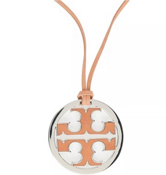 Tory Burch Silver & Coral Leather Logo With Coral Leather Necklace