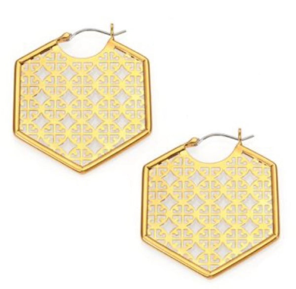 Tory Burch Shiny Gold Perforated Logo Hoop Earrings