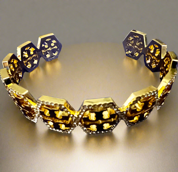 Tory Burch Hexagon Pave Frozen Logo Cuff Bracelet and Stud Earrings Gold Tone with Pavè Crystals