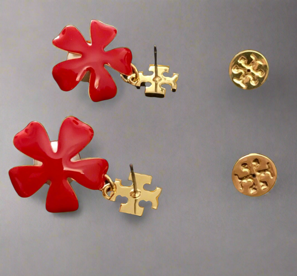 Tory Burch Gold And Samba Red Pearl Flower Drop Earrings