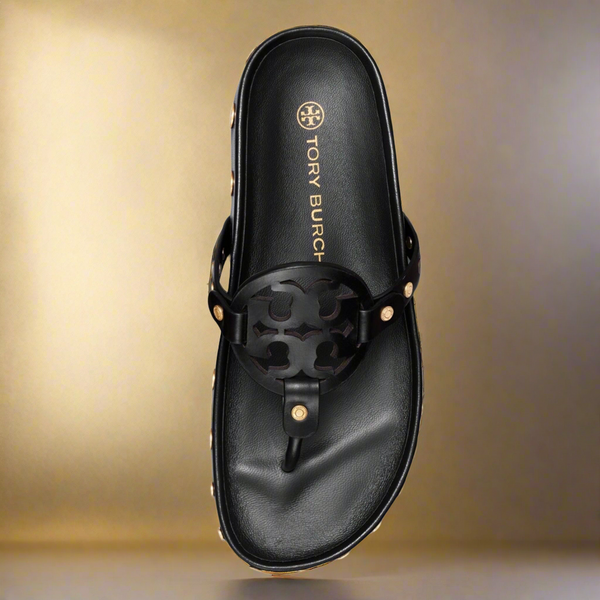 Tory Burch Miller Cloud Coin Leather Sandal Black US 11 Authentic