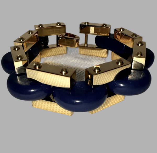 Tory Burch Chunky Polished Gold Chain Bracelet & Blue Enamel Inlays