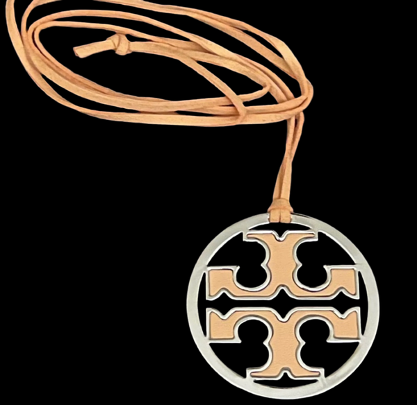 Tory Burch Silver & Coral Leather Logo With Coral Leather Necklace