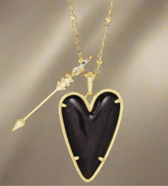 Kendra Scott Ansley Heart Gold Long Pendant Necklace In Black and Golden Obsidian