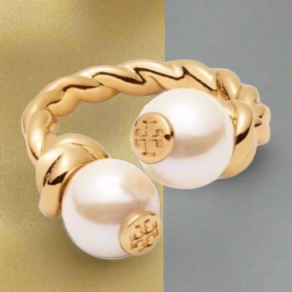 Tory Burch Logo Faux Pearl Bud Rope Bead Ring Size 7 Adjustable