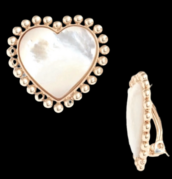 Tory Burch Gold And Mother Of Pearl Heart with Milgrain Detailing Large Clip On Stud Earrings