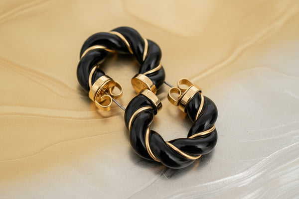Tory Burch Black and Gold Textured Rope Hoop Earrings